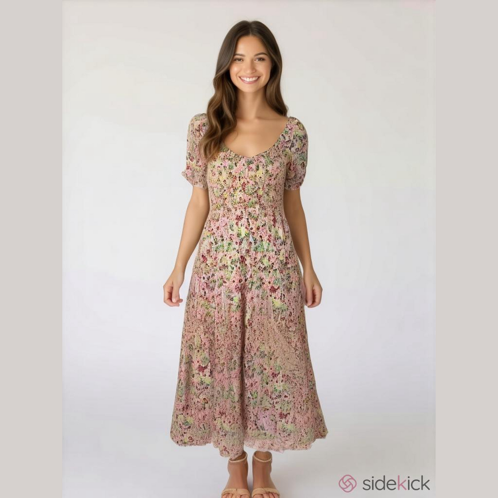 MOPOOGOSS Women's Elastic Bust Crew Neck Print Casual Flowy Midi Dress - Picture 1 of 8